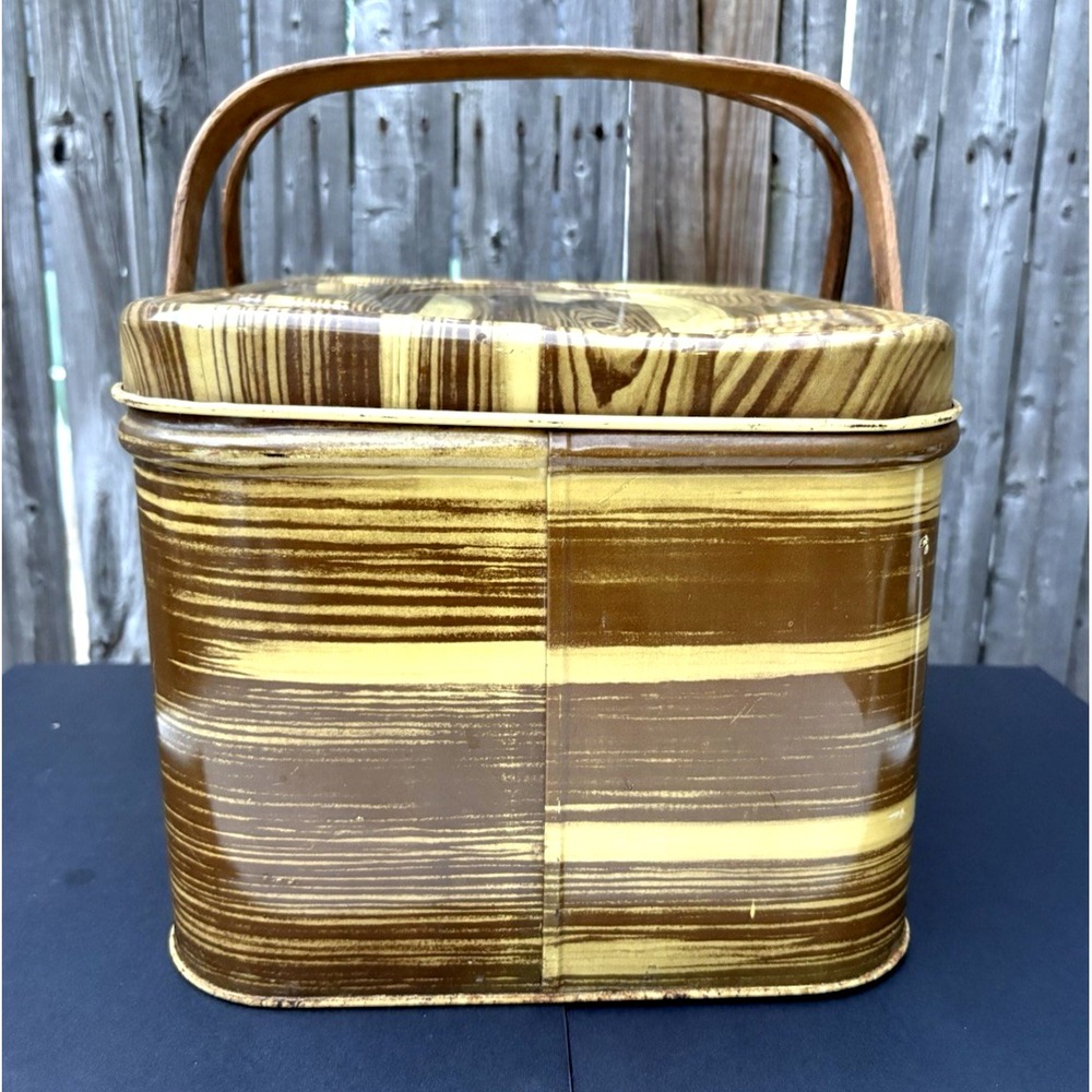 Vintage tin litho wood grain picnic basket hinged lid box wood handles retro - Picture 2 of 8